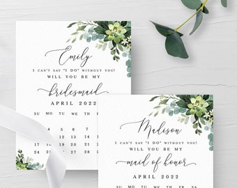 Greenery calendar bridesmaid proposal card Editable template Eucalyptus foliage Wedding save the date Printable  Download Templett #swc5