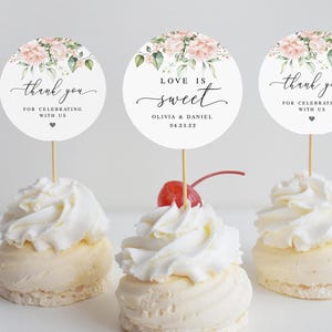 Floral сupcake topper labels Editable round gift tag template Pink roses wedding favor tag Circle thank you sticker Download Templett WSPR-A