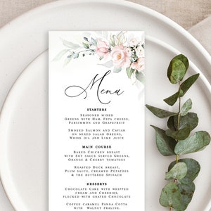 Plantilla de tarjeta de menú con flores rosas. Menú floral imprimible. Menú de boda con flores rosas. Menú autoeditable. Caligrafía DIY. Descargar Templett PIRGFG18