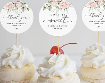 Floral сupcake topper labels Editable round gift tag template Pink roses wedding favor tag Circle thank you sticker Download Templett WSPR-A