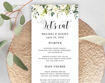 Wedding menu template printable Editable menu cards Let's eat Rehearsal dinner White roses Customizable menu Download Templett AWHR-1