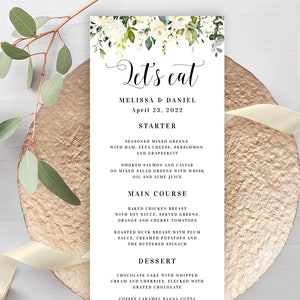 Wedding menu template printable Editable menu cards Let's eat Rehearsal dinner White roses Customizable menu Download Templett AWHR-1 image 1