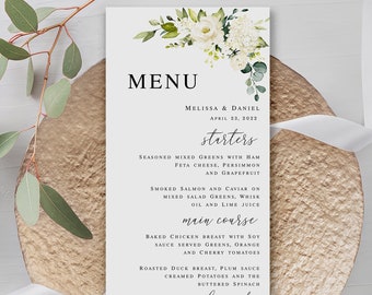 Wedding menu template Editable floral menu cards printable Reception table decor White roses menu card Download Templett AWHR-1