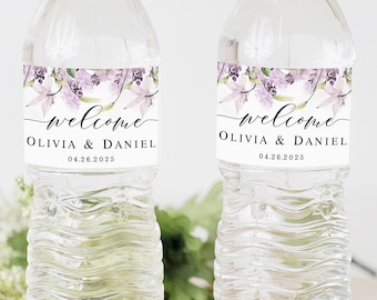 Lavender water bottle label Editable template Lavender wedding water sticker Custom water label Digital DIY Download Templett LaWed-A