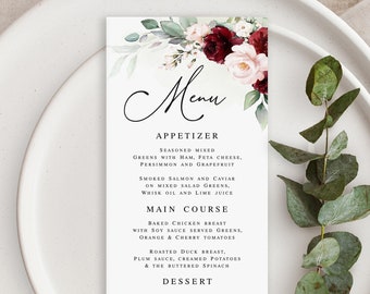 Floral wedding menu card template Editable menu Floral menu printable Burgundy menu card Rehearsal dinner Downloadable Templett BSA-35