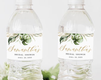 Greenery water bottle label template Editable label Tropical water label Bridal shower sticker printable Digital Download SWC-TR