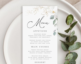 Könnte beinhalten: Eine Hochzeitskarte mit floralem Design. Das Menü beinhaltet Vorspeisen, Hauptgericht und Dessert-Optionen. Der Text lautet "Menu", "Vorspeise", "Gewürzter gemischter Salat mit Schinken, Feta-Käse, Kaki und Grapefruit", "Geräucherter Lachs und Kaviar auf gemischtem Salat, verquirlt mit Öl und Limettensaft", "Hauptgericht", "Gebratene Hähnchenbrust mit Sojasauce, grünen, Orangen und Kirschtomaten", "Gebratene Entenbrust mit Pflaumensauce, cremigen Kartoffeln und gebuttertem Spinat", "Dessert", "Schokoladenkuchen mit Schlagsahne und Kirschen, bestreut mit geriebener Schokolade", "Aplly & Robert", "26. April 2022".