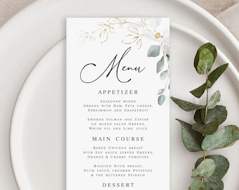 Greenery wedding menu template printable Editable menu cards Gold foliage menu Rehearsal dinner Digital DIY Download Templett agflf10