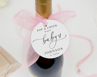 Pop and Cheer when baby Is here tag Baby shower Champagne favor tags printable Round and Square tags Edit with Templett Download DaMffW-SWC