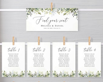 Greenery seating chart cards Self-editing template Eucalyptus seating plan printable Foliage Arrangement cards Download Templett GRWE-E