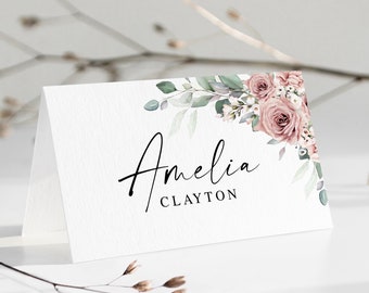 Dusty rose place card template Table name cards Edit with Templett Flat and Folded Wedding escort cards Couple shower Download SDURS-10f