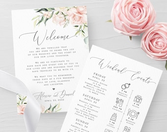 Pink roses wedding timeline template Floral wedding itinerary Order of events Wedding agenda Welcome letter Download Templett WSPR-A
