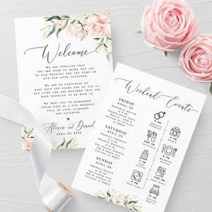 Plantilla de cronograma de boda de rosas rosadas Itinerario de boda floral Orden de eventos Agenda de boda Carta de bienvenida Descargar Templett WSPR-A