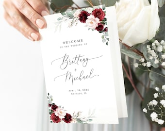 Plantilla de programa de boda con flores color burdeos. Programa de recepción plegado imprimible. Descarga editable. Templett BSA-35