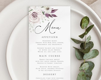 Purple wedding menu Self-editing template Printable menu cards Wedding dinner Rehearsal dinner Calligraphy DIY Download Templett PURFSW27