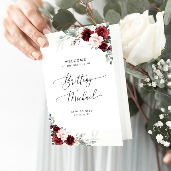 Burgundy folded program template Editable program Folded booklet Burgundy wedding Printable DIY calligraphy Download Templett BSA-35