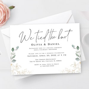 Reception party invitation template Fully editable Gold foliage We tied the knot printable Elopement Personalized Download agflf10