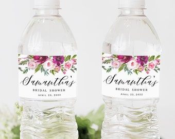 Floral water bottle label Editable label template Fuchsia bridal stickser Bachelorette party decor Fuchsia water labels Download FTeW-A1