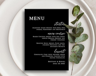 モダンな黒のウェディングメニューテンプレート、印刷可能な5インチ×7インチカード、Templettで編集可能、Blwht-30