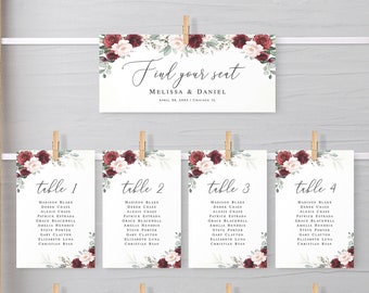 Burgundy seating chart cards template Editable Hanging seating cards printable Floral arrangement cards Digital DIY Download Templett BSA-35