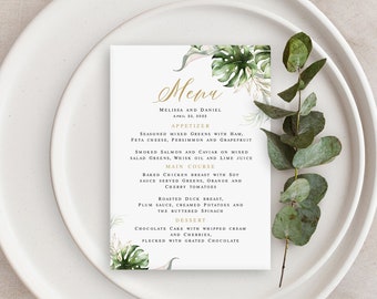 Tropical wedding menu template Self-editing menu Rehearsal dinner Tropical menu Reception table decor Printable Download Templett SWC-TR