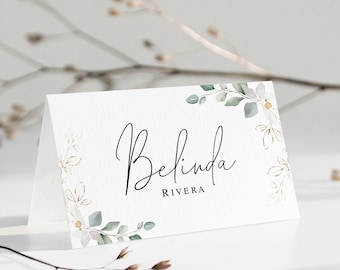 Plantilla de tarjeta de lugar elegante Tarjetas de nombre de boda editables Asientos de acompañante planos y plegados Tarjetas de lugar de follaje dorado imprimibles Descargar agflf10