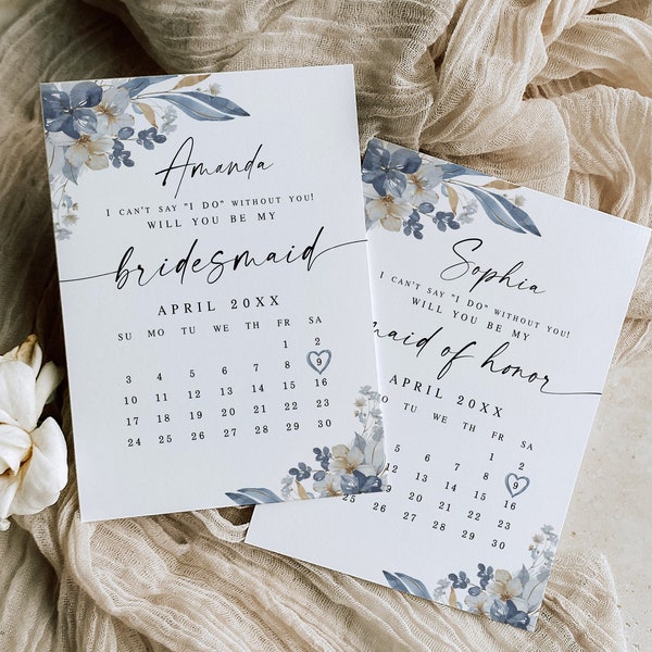 Dusty blue calendar bridesmaid proposal card Editable proposal card Will you be my maid of honor Printable Digital Download Templett wfdb-f3