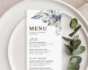 Dusty blue wedding menu card Editable menu card template Printable menu cards Modern menu Digital menu DIY Download Templett wfdb-f3