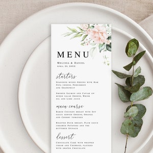 Wedding menu card template Editable Floral menu printable Pink roses menu Downloadable Customizable menu Rehearsal dinner Templett WSPR-A