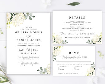 Suite d'invitations de mariage Modèle d'invitation florale modifiable Ensemble d'invitations hortensias imprimable Carte RSVP hortensias Télécharger Templett #swc20