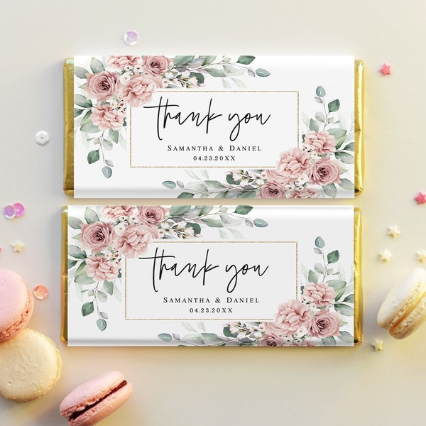 Dusty roses Chocolate wrapper template printable Editable Candy bar favor label Customizable wrapper Thank you Download Templett SDURS-10f