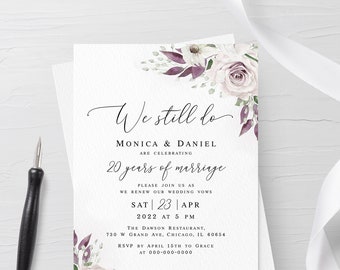 Plantilla de invitación de renovación de votos matrimoniales con diseño floral morado. Invitación editable imprimible. Descarga digital. Templett PASPURW