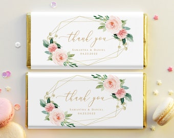 Chocolate wrapper Editing template Candy bar favor label Thank you Printable Wedding pink flowers Download Templett BLWED-6A