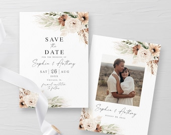 Foto Save the Date Vorlage zum ausdrucken Editable beige Save the Date Boho Hochzeitsankündigung Download Templett BEGPRS25