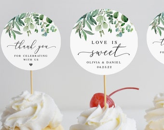 Eucalyptus greenery cupcake topper template Editable round gift tag Digital download Templett WEUF-3