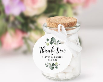 Thank you tag Self-editing template Wedding guest favor label Round stickers Circle gift tag Foliage Printable Download Templett