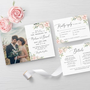 Pink roses invitation suite Editable invite template Self-editing set with photo RSVP Details insert Printable Download Templett WSPR-A