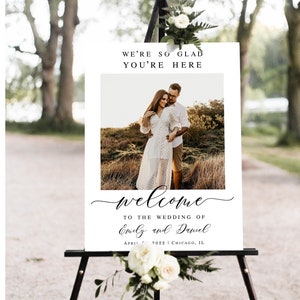 Letrero de bienvenida de boda moderno imprimible Plantilla de letrero de bienvenida con foto editable Decoración para póster de recepción de boda DIY Descargar Templett LCF-WC21
