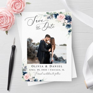 Modèle "Retenez cette date" fard à joues bleu Retenez cette date avec photo Faire-part de mariage "Retenez cette date floral" Personnalisable à télécharger Templett Webl-40