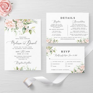 Floral wedding invitation suite Editable invite template RSVP Details insert Printable Pink roses invite DIY Download Templett WSPR-A