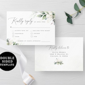 Greenery RSVP card template Double-sided Editable Rehearsal dinner invitation insert card Wedding gold foliage Printable Download AGFW-1