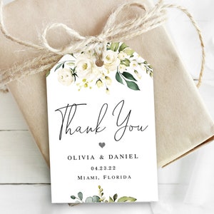 Thank you tag template Wedding gift tag for guests Editable tag printable White roses Customizable Digital DIY Download Templett AWHR-1