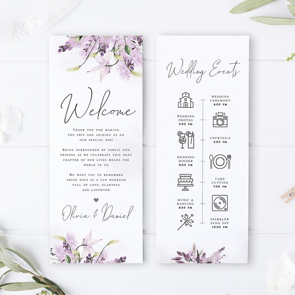 Lavender wedding timeline template Editable Itinerary template Purple timeline Order of events Printable Download Templett LaWed-A