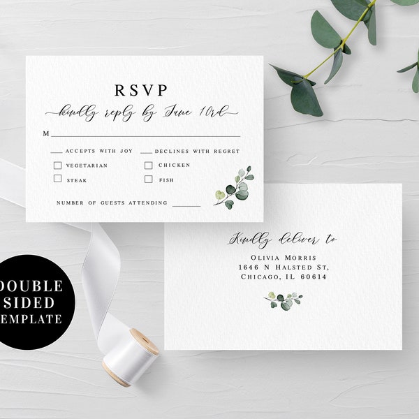 Wedding RSVP card template Editable Double-sided Rehearsal dinner invitation insert card Leaf Printable Digital DIY Download Templett