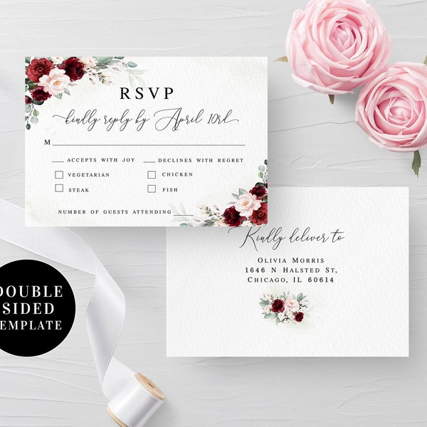 Burgundy Wedding Invitation With Rsvp Card and Envelope Etsy