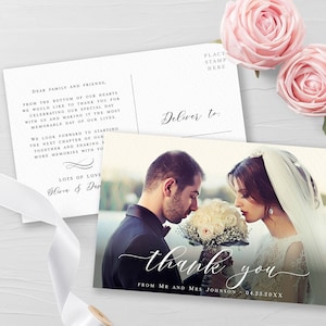 Plantilla de postal de agradecimiento con foto para imprimir Carta de agradecimiento de boda Postal de boda moderna con foto DIY Descargar Plantilla DIY LCF-WC21