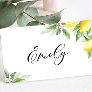 Modèle de marque-places citron Marque-places modifiables Cartes de sièges de réception Cartes de nom de mariage imprimables Télécharger Templett BrLem-cf5