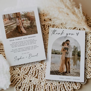 Tarjeta de agradecimiento con foto de boda Tarjeta de agradecimiento editable Tarjeta de agradecimiento moderna para imprimir Carta de agradecimiento de boda DIY Descargar Templett SWC-M10