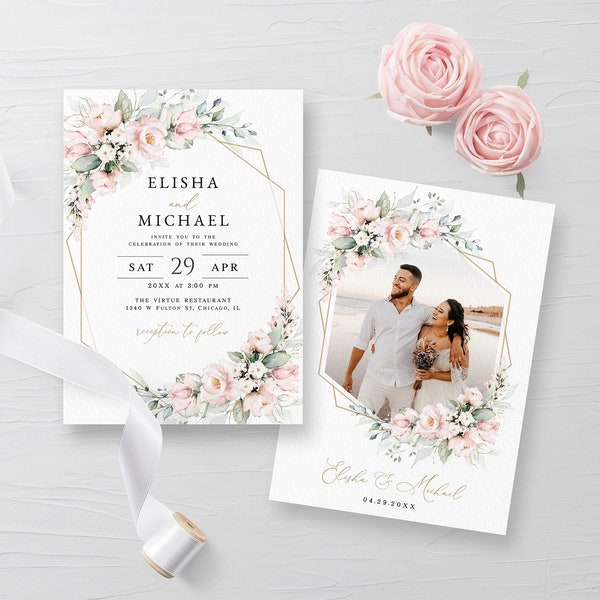 Floral wedding invitation template Editable invite with picture Pink flowers invite printable Photo invitation Download Templett PIRGFG18