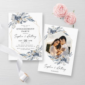 Dusty blue engagement party invitation template Edit with Templett Modern engagement invite Photo engagement invite Digtal Download wfdb-f3